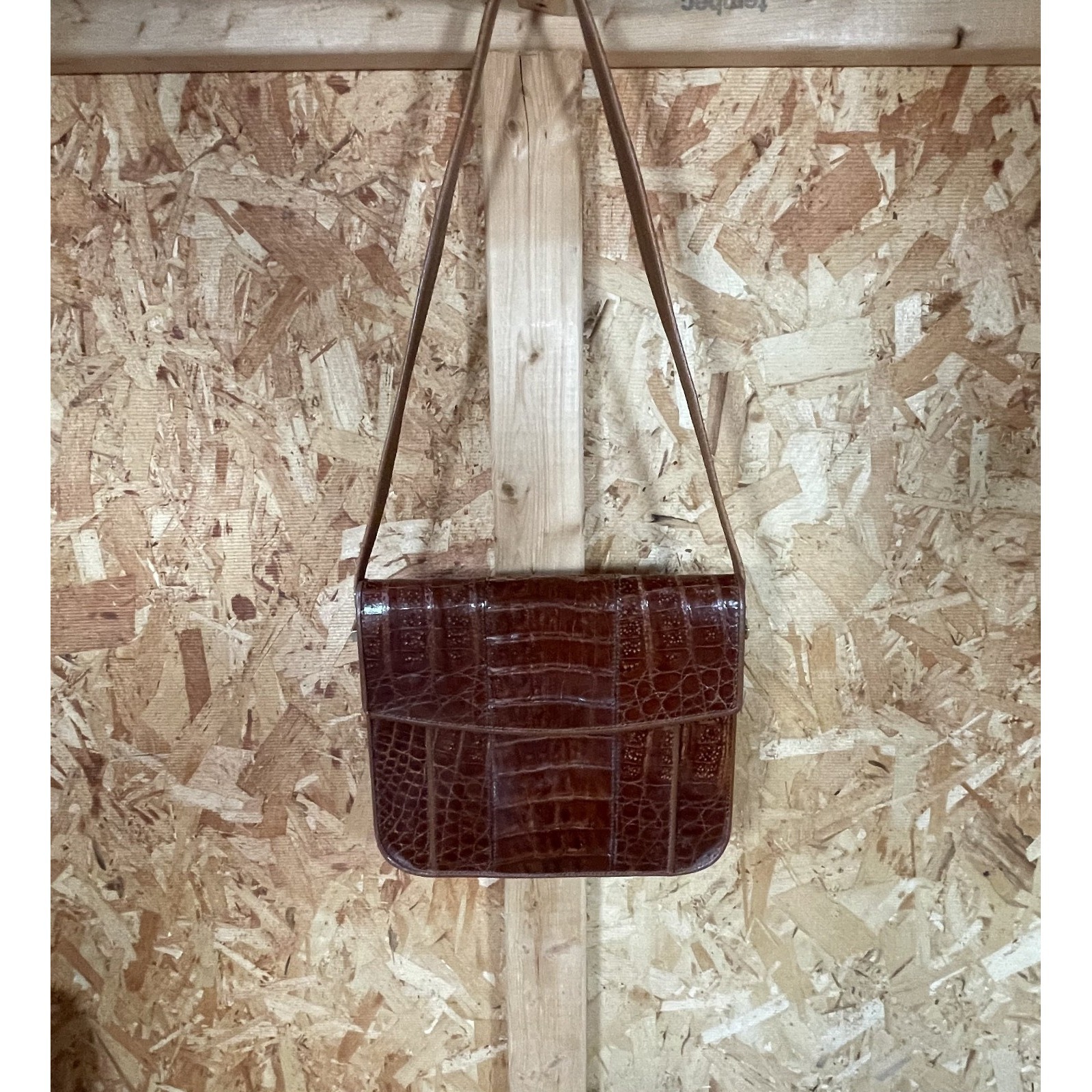 Vintage 50s 60s Alligator Crocodile Leather Shoulder Bag Brown Brass Hardware